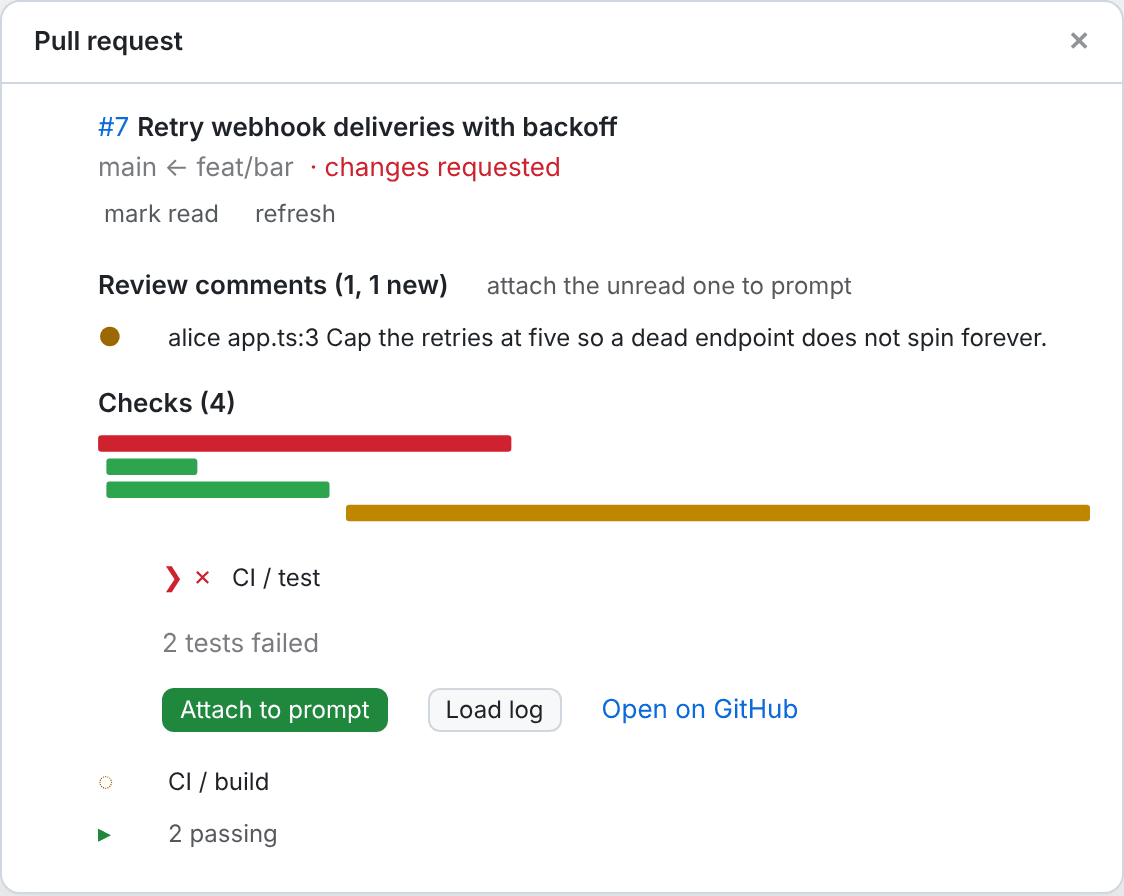 The pane in the Claude desktop app: PR #7 with one unread review comment, the checks drawn as a timeline of colored bars, and the failing CI / test check opened with Attach to prompt as the primary button