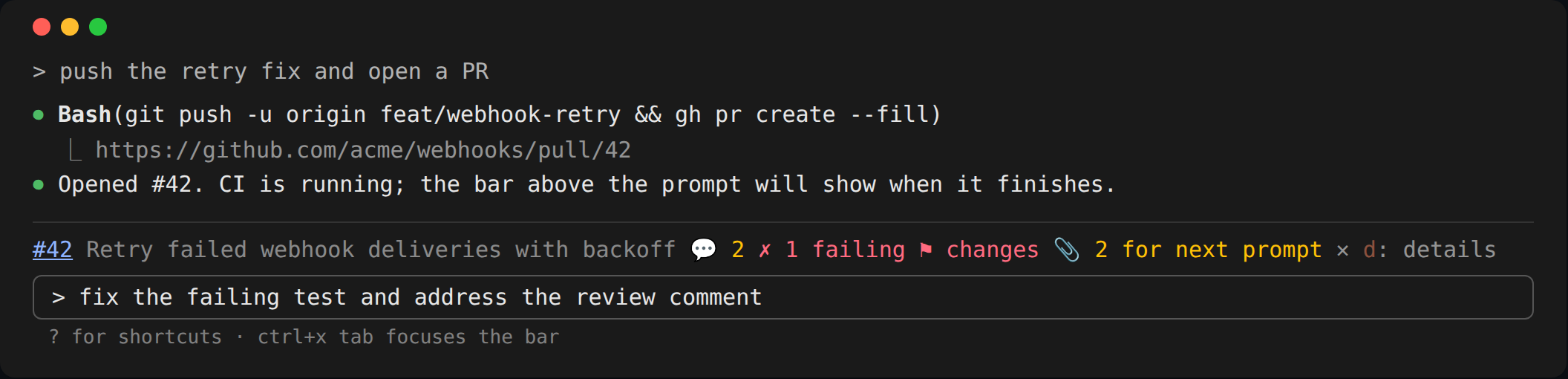 The PrBar status bar above the Claude Code prompt showing PR #42 with 2 new comments, 1 failing check and changes requested
