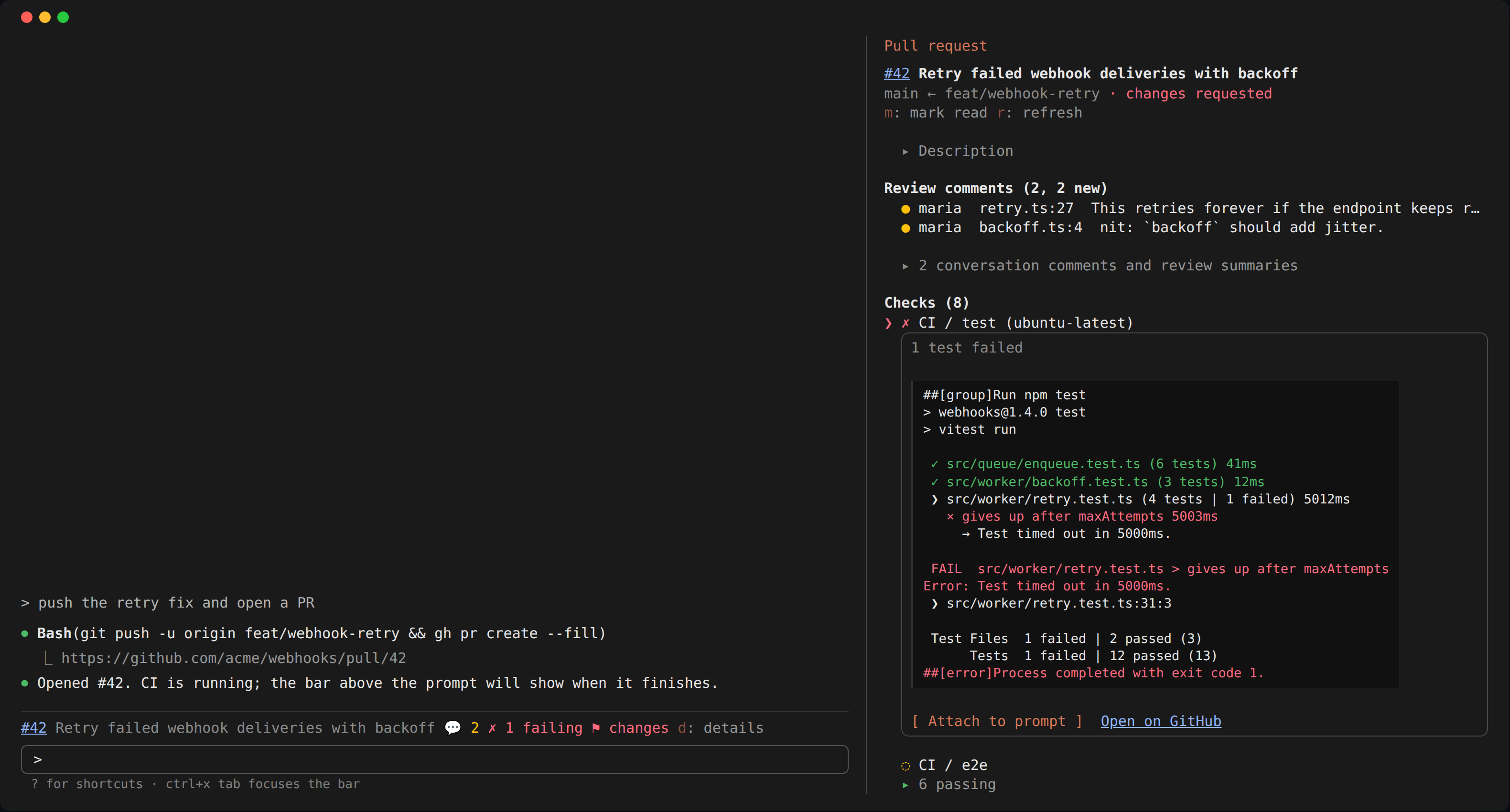 The /pr pane beside the transcript with the failing test check opened to its log