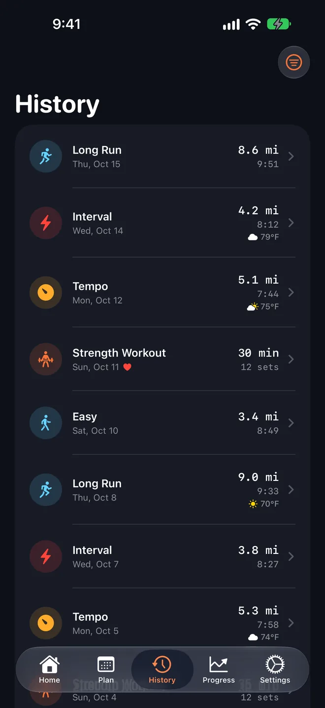 Stride's History tab: a list of long runs, intervals, tempo runs and a strength workout with distance, pace and weather.