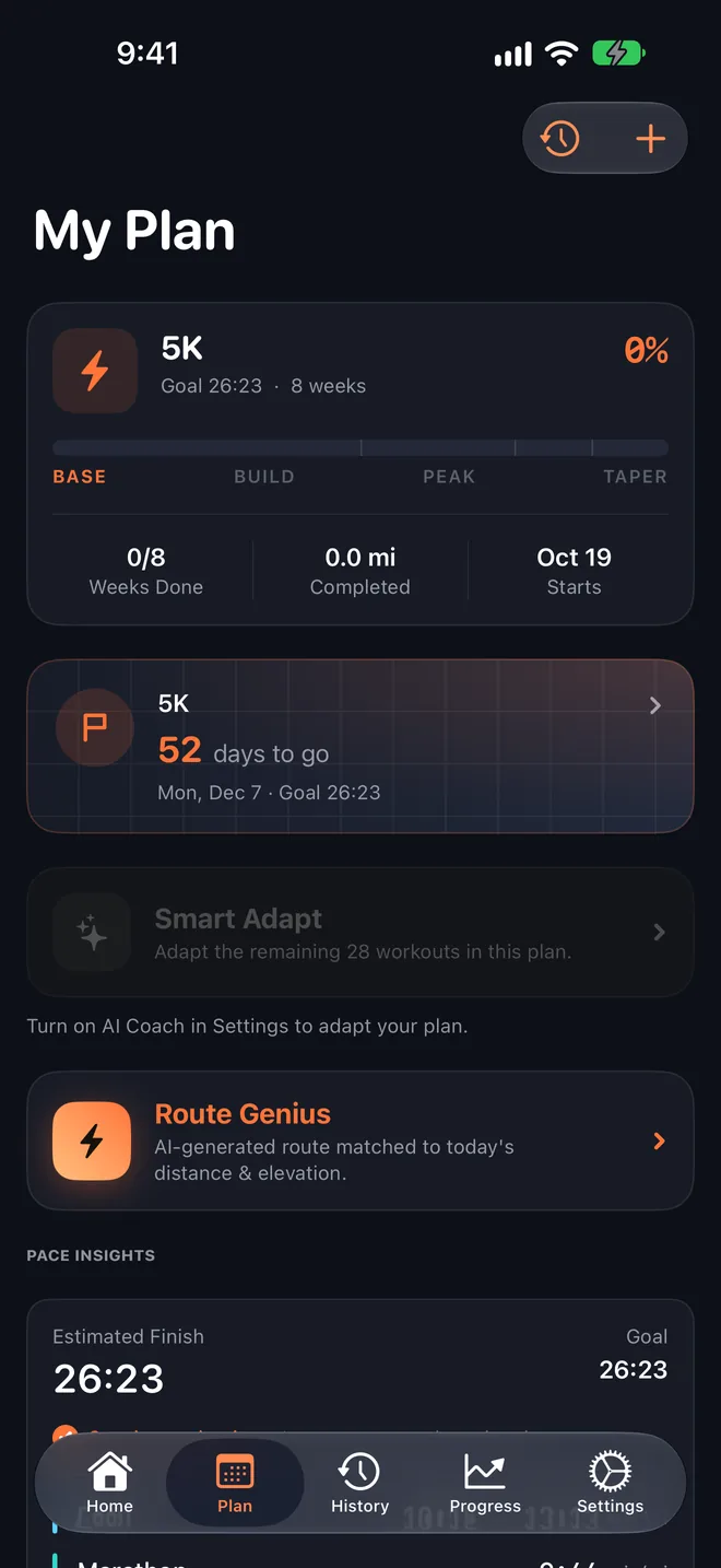 Stride's Plan tab: a 5K plan with its base, build, peak and taper phases, the race countdown and the estimated finish time.